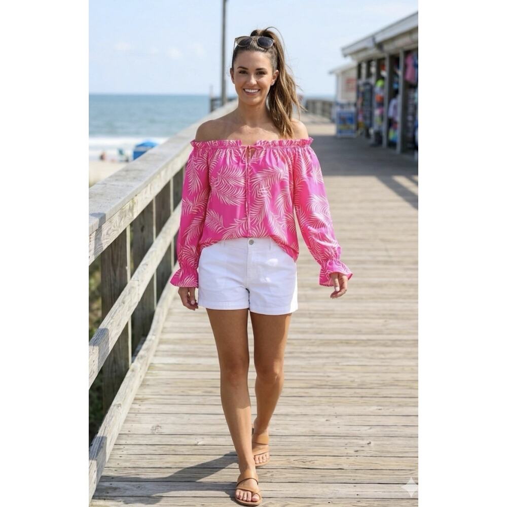 Hot Pink Tropical Palm Boho Peasant Top Ruffle Sleeve Flowy Romantic Resort XL